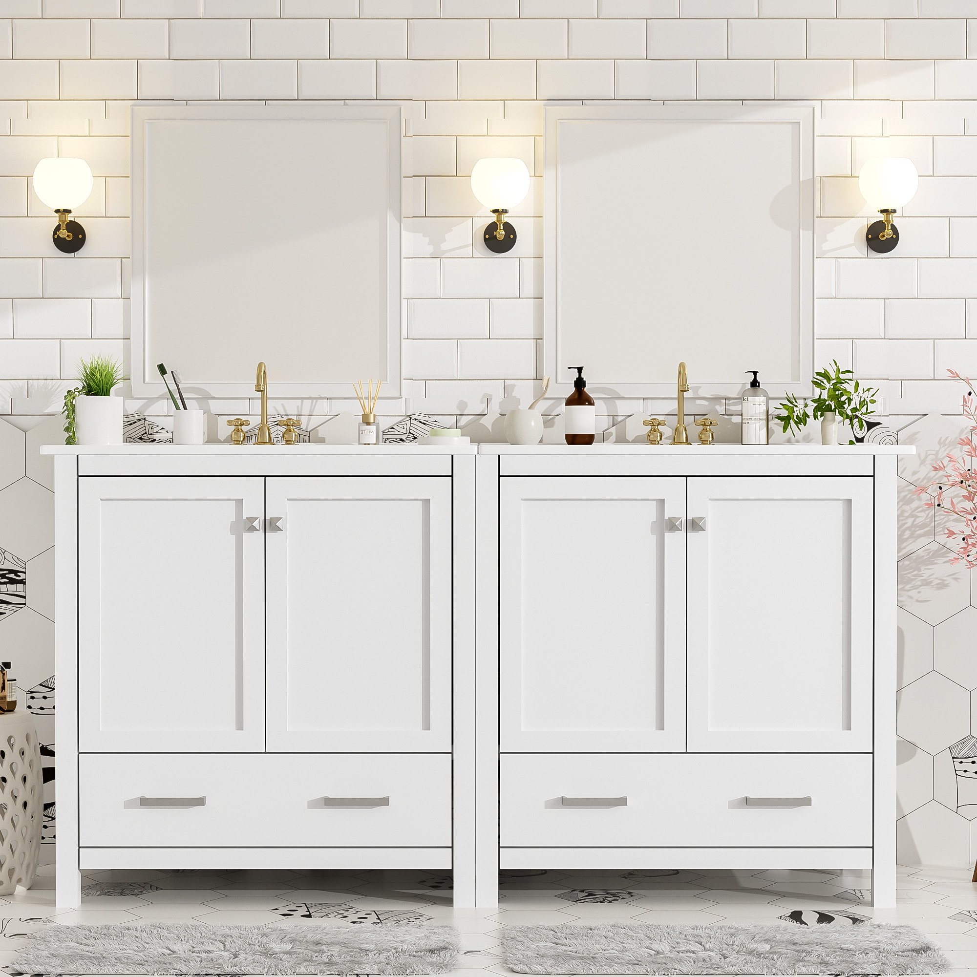 60" White Bathroom Vanity Set with Double Vanities (Separate), Double Ceramic Sinks, Storage Shelf, and Divided Drawers  (Mirror not included)– Modern Bathroom Solution for Spacious Bathrooms