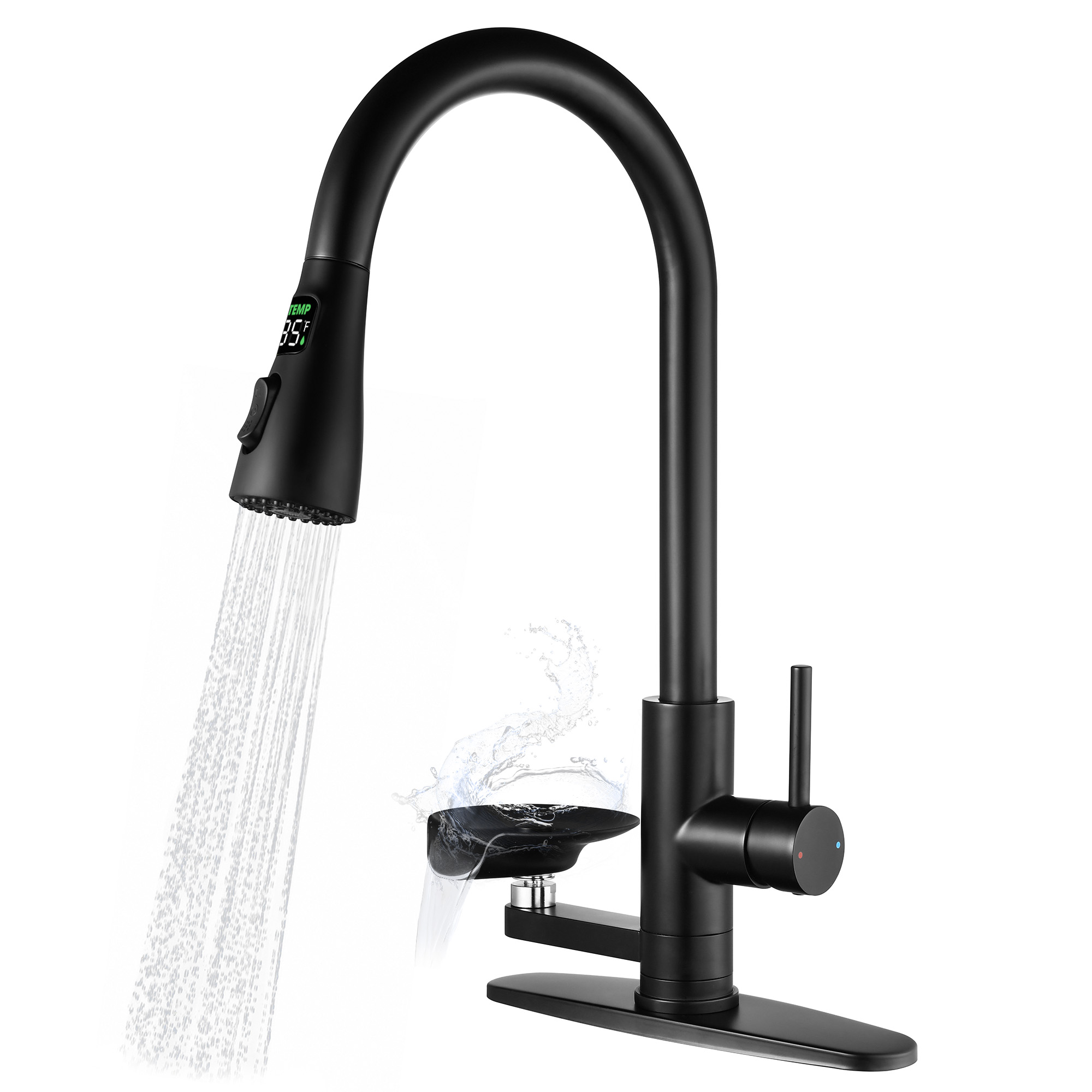 3-in-1 Kitchen Faucet with 3-Color LED Temperature Display, Press-Type Glass Rinser, High-Arc Pull-Down Sprayer, 3 Spray Modes, Matte Black Finish for Modern Kitchen Sink