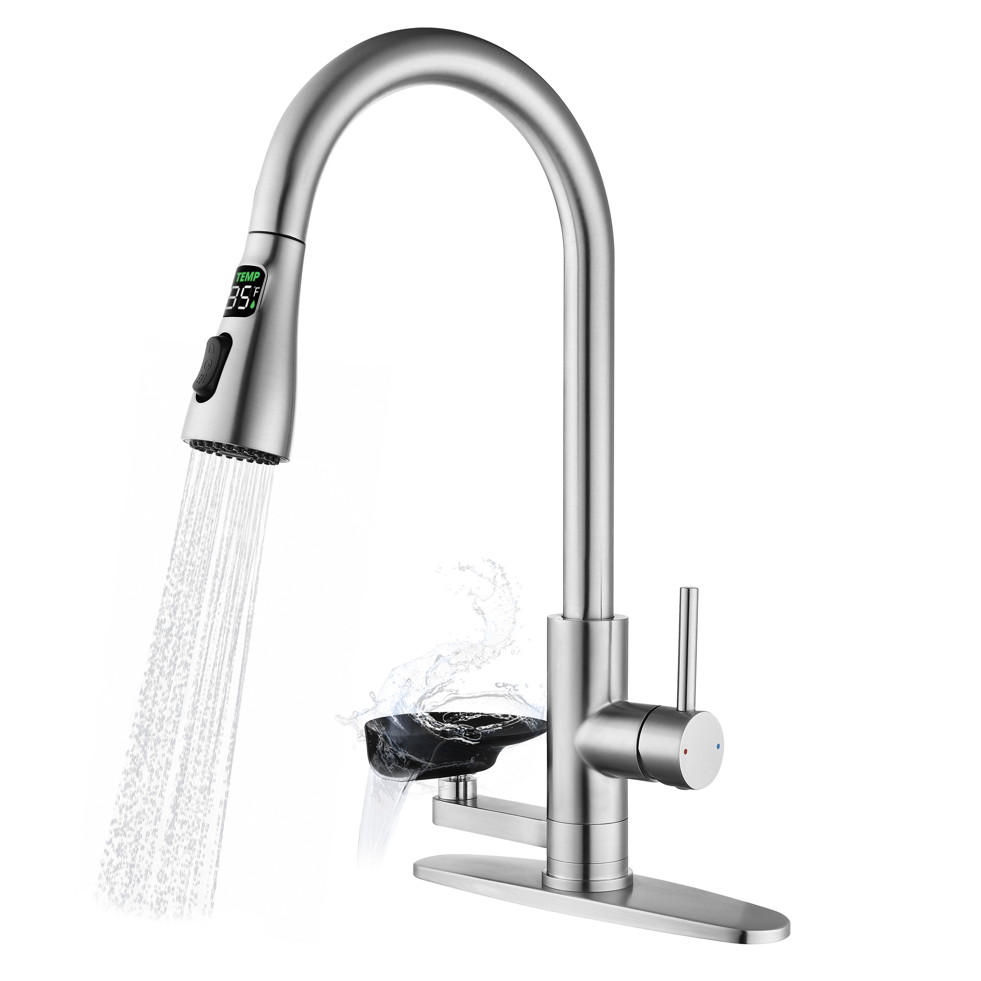 3-in-1 Kitchen Faucet with 3-Color LED Temperature Display, Press-Type Glass Rinser, High-Arc Pull-Down Sprayer, 3 Spray Modes, Brushed Nickel Finish for Modern Kitchen Sink