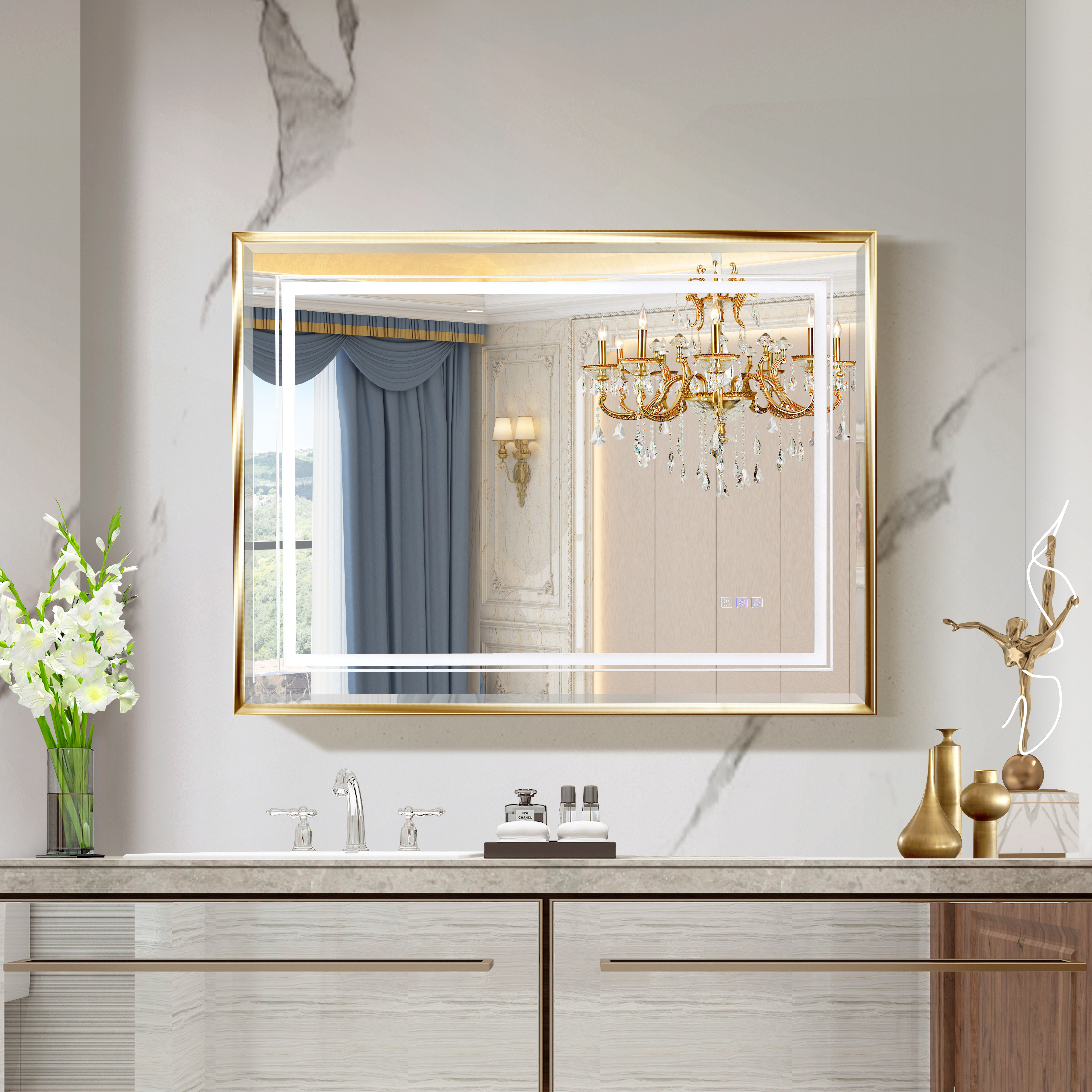40*30inch LED Bathroom  Beveled Mirror,3000-6000K Gradient Front and Backlit LED Mirror for Bathroom,3Colors Dimmable,IP54 Enhanced Anti-Fog,Hanging Plates Wall Mount Lighted Mirror.(Beveled mirror)