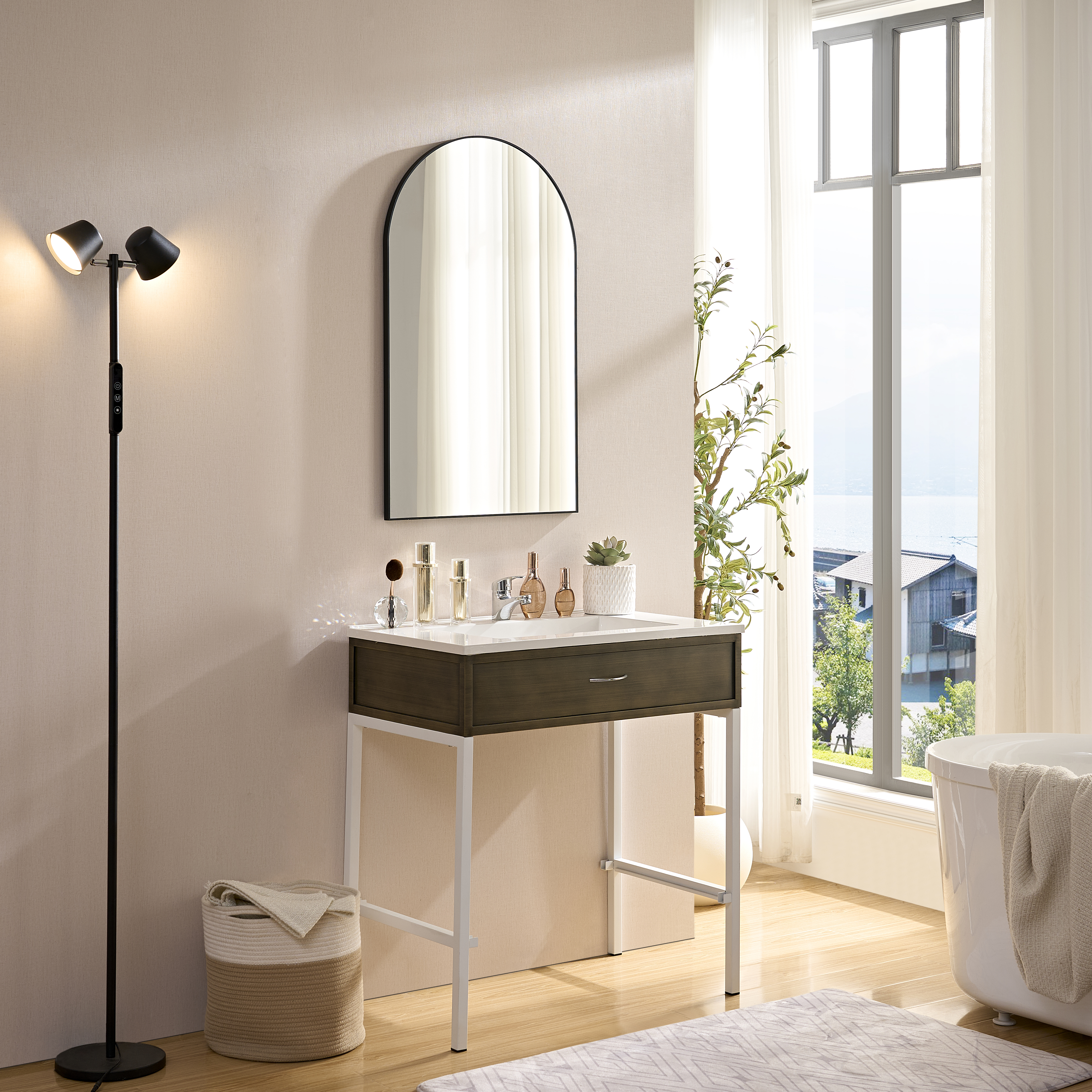 Wall Mirror 40*30 Inch Black Metal Framed Arched Mirror Metal Framed Mirror Round Vanity Mirror Dressing Mirror, for Bathroom, Living Room, Bedroom Wall Decor(Horizontal & Vertical)-W2091256134