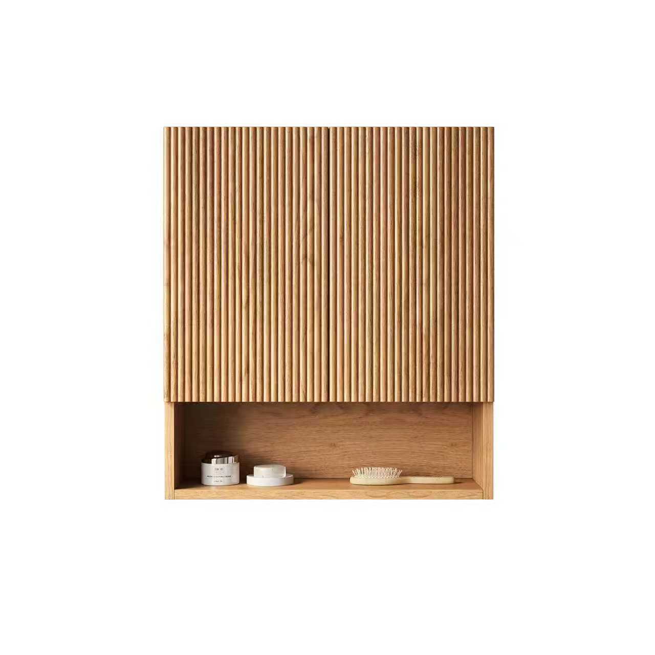 TOBI 26" Wall-Mounted Striped Bathroom Cabinet, with Doors, Shelf and Open Storage Compartment Over The Toilet Storage Cabinet for Bathroom, Kitchen, Laundry Room, Natural Woodgrain Color