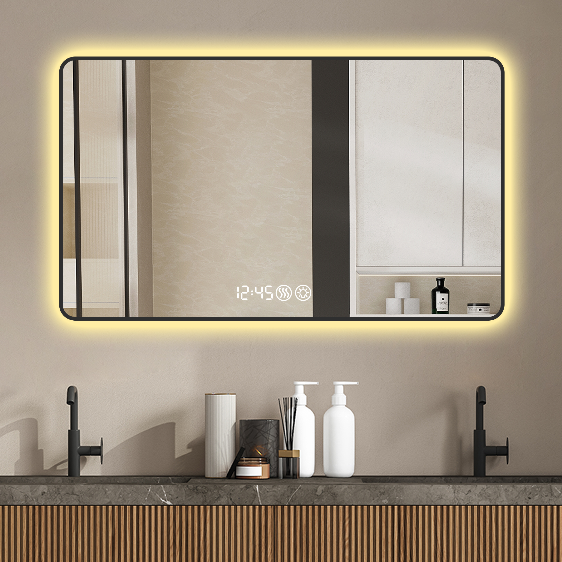 48x32 Black frame wall mirror  with rounded corners vanity mirror, temperature display, tri color light, defogging, high-quality aluminum alloy frame, high-definition tempered glass