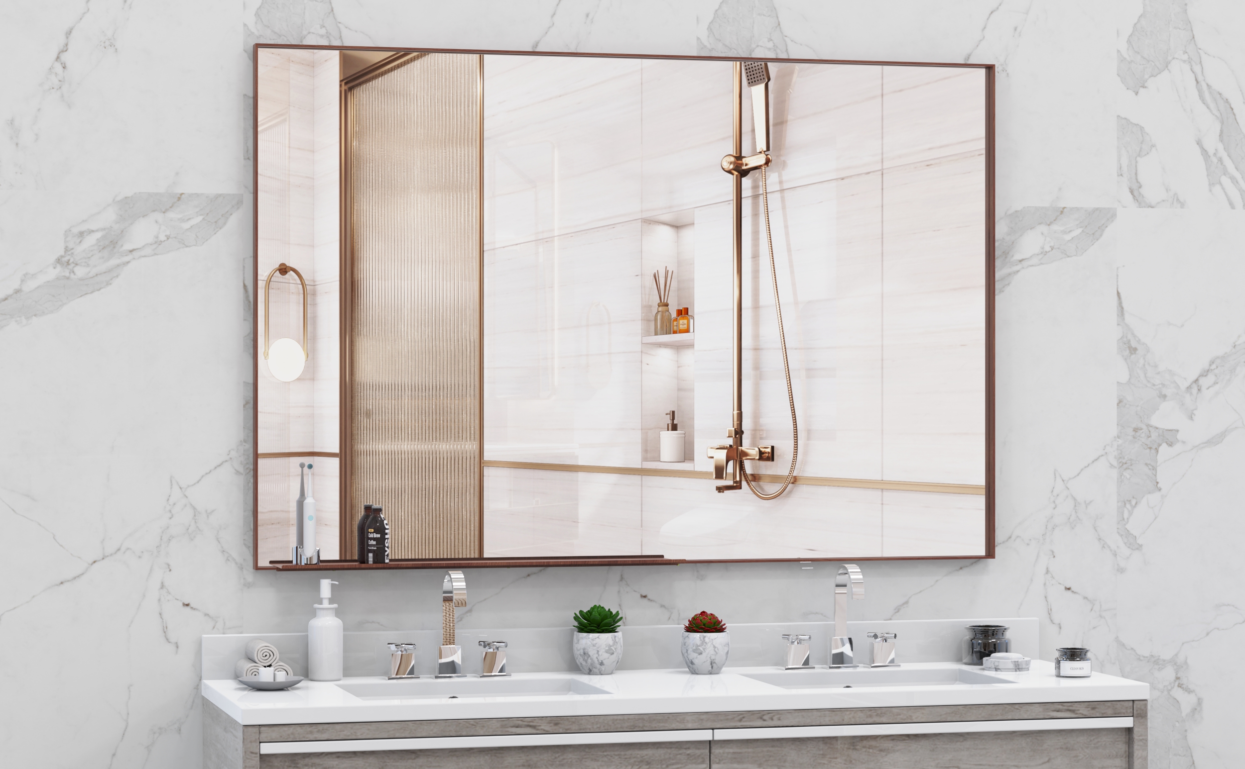 60"x40" Oversized Modern Rectangle Bathroom Mirror with walnut Frame Decorative Large Wall Mirrors for Bathroom Living Room Bedroom Vertical or Horizontal Wall Mounted mirror with Aluminum Frame