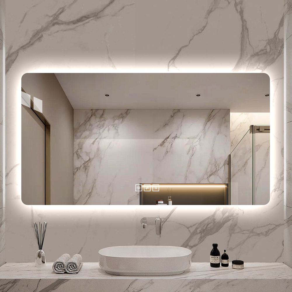48*24in  LED bathroom mirror, corrosion-resistant, three-color dimmable, backlit mirror with one-touch demist function