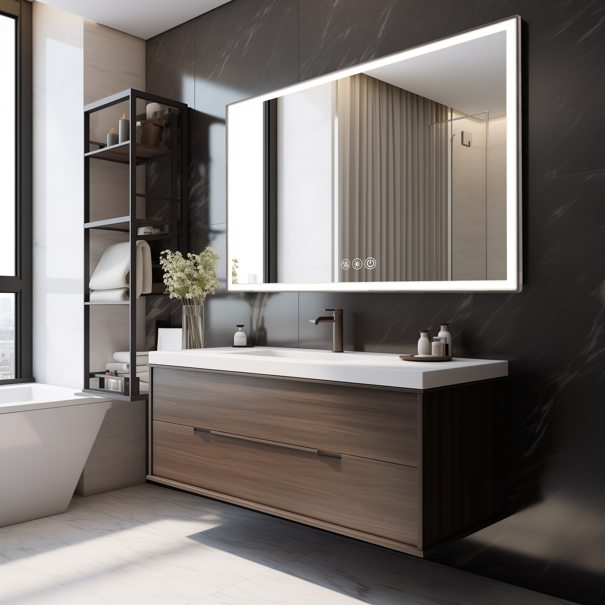 48" x 32" LED Bathroom Mirror with Brushed Aluminum Frame,Copper-Free Silver Mirror, 3-Color Dimmable Lighting with Memory, Anti-Fog Vanity Mirror