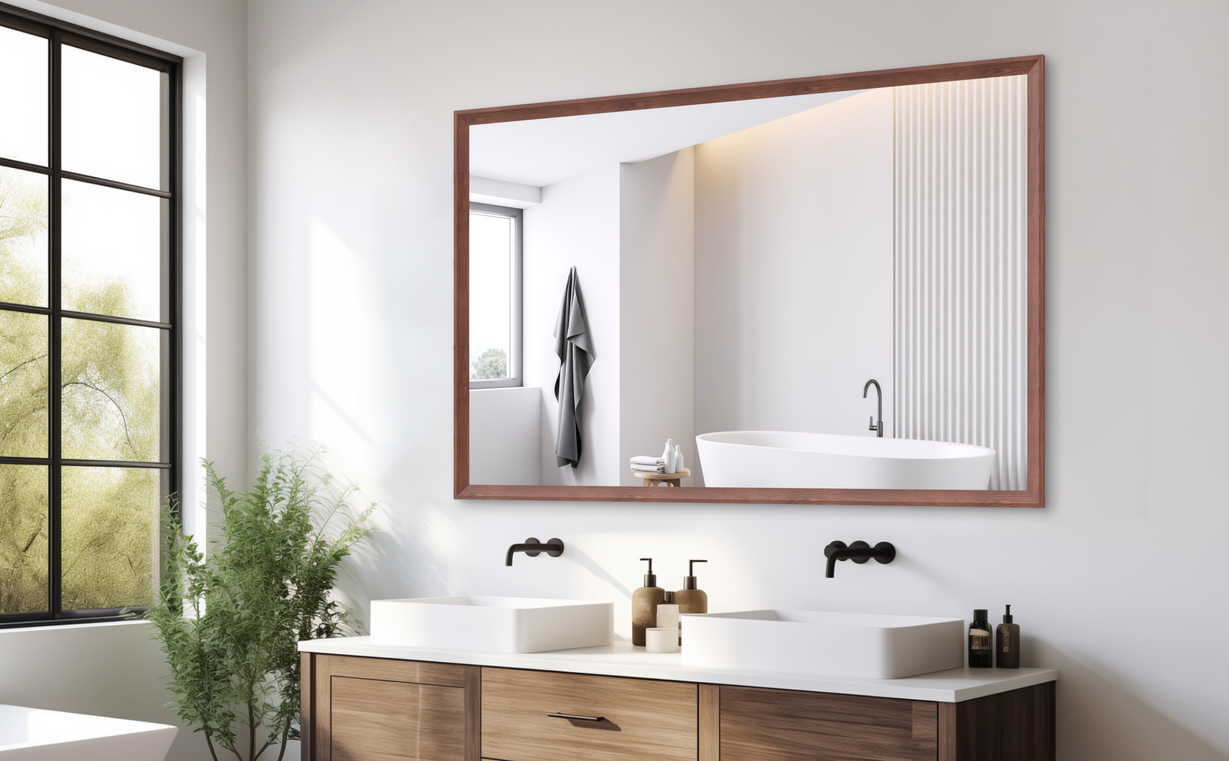 60"x40" Oversized Modern Rectangle Bathroom Mirror with walnut  Frame Decorative Large Wall Mirrors for Bathroom Living Room Bedroom Vertical or Horizontal Wall Mounted mirror with Aluminum Frame