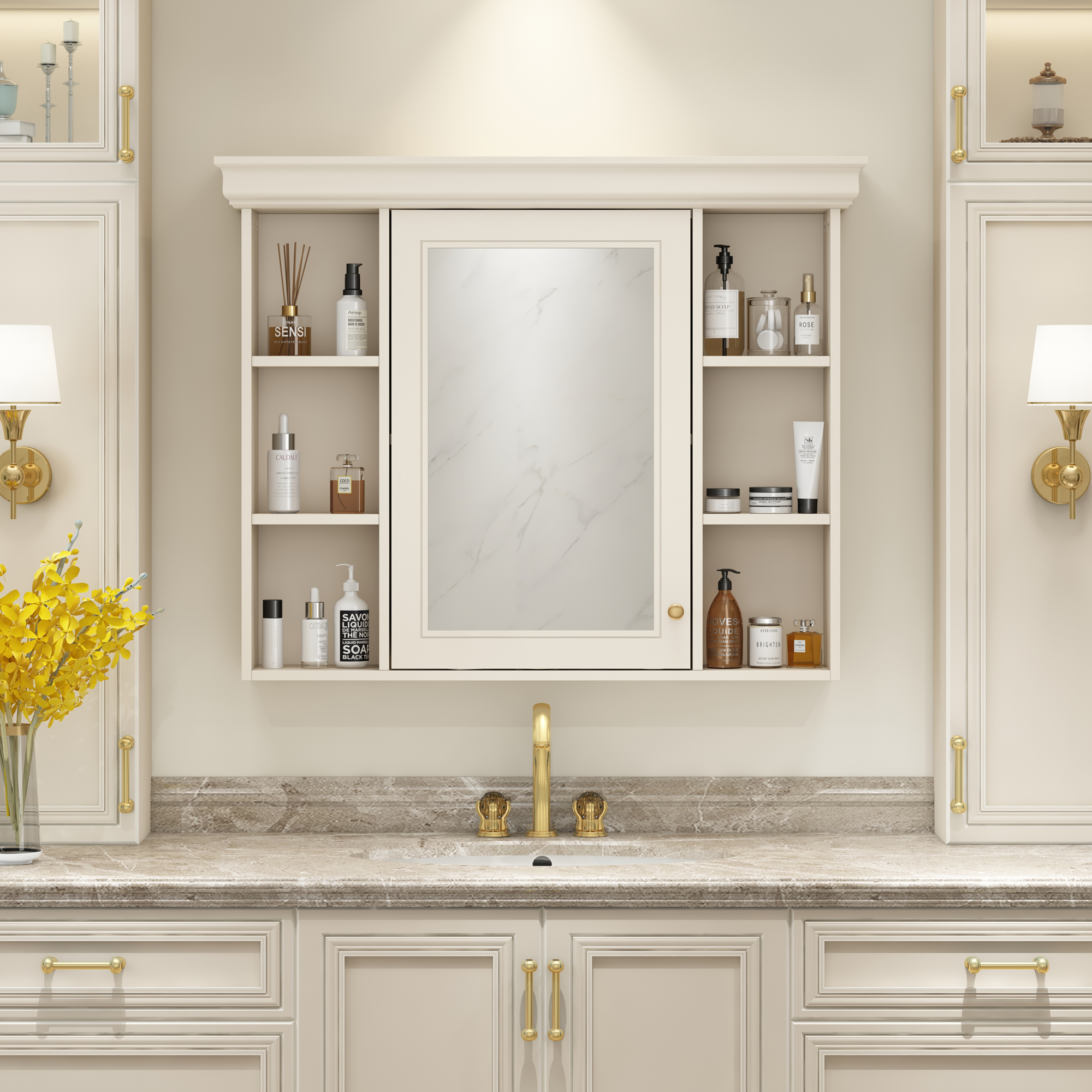 35'' x 28'' Wall Mounted Bathroom Storage Cabinet with Mirror Door, Modern Bathroom Wall Cabinet with Mirror, Medicine Cabinet with 6 Open Shelves