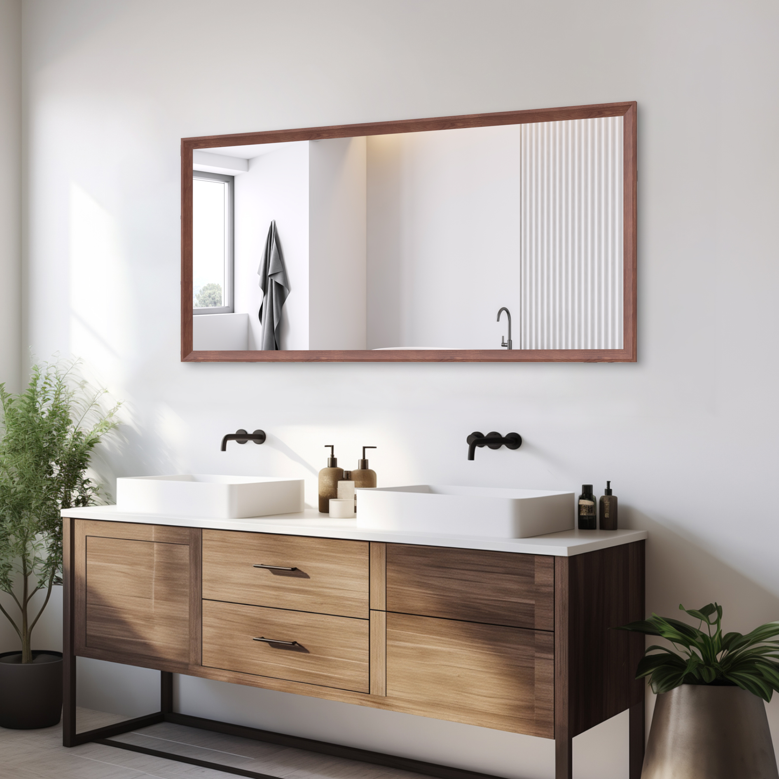 60"x30" Oversized Modern Rectangle Bathroom Mirror with walnut Frame Decorative Large Wall Mirrors for Bathroom Living Room Bedroom Vertical or Horizontal Wall Mounted mirror with Aluminum Frame