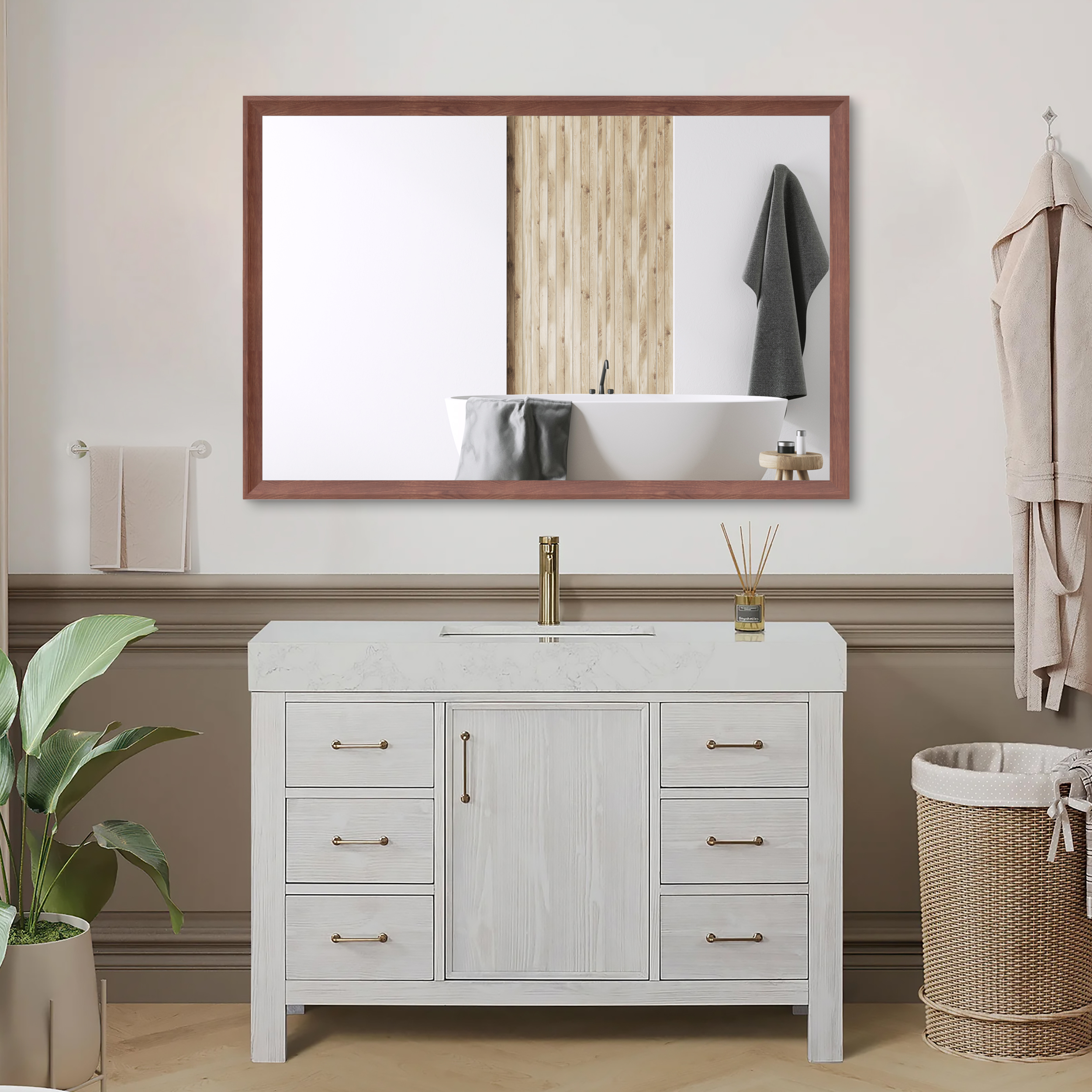 48"x32" Oversized Modern Rectangle Bathroom Mirror with walnut Frame Decorative Large Wall Mirrors for Bathroom Living Room Bedroom Vertical or Horizontal Wall Mounted mirror with Aluminum Frame