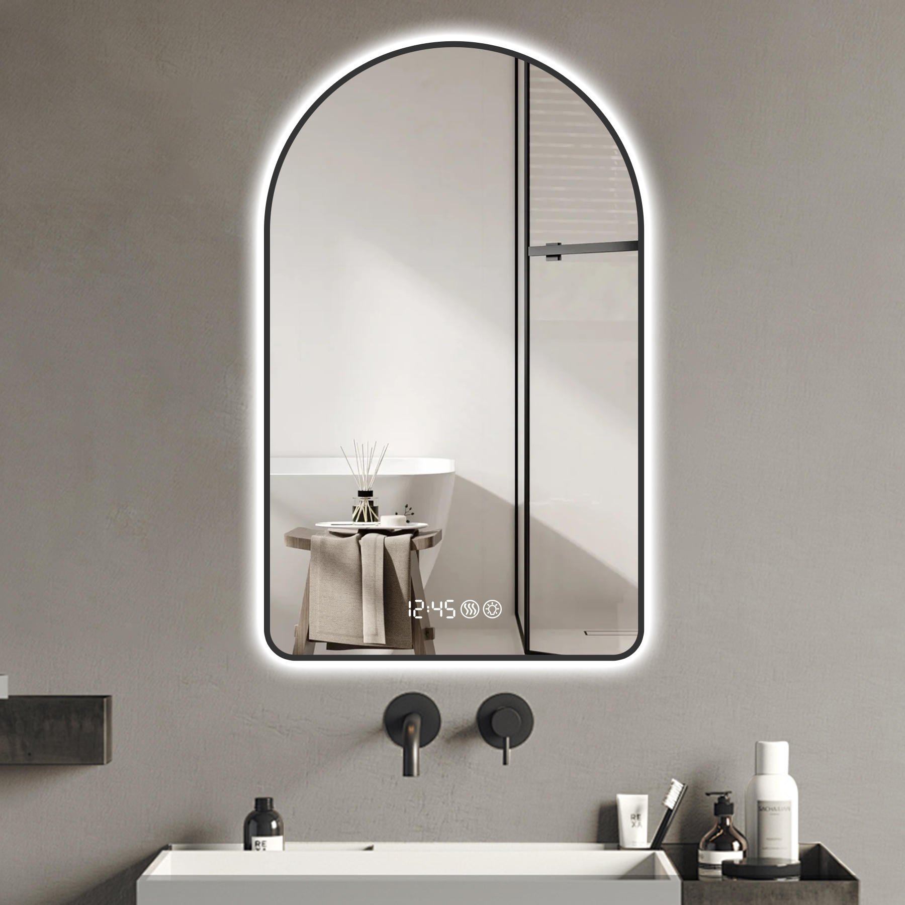 32"x60"Arched LED Mirror for Bathroom,Time and temperature display, Backlight, Anti-Fog, Dimmable, with Three Color Temperatures- Modern Vanity Light Mirror,  Perfect for over Sink,Black Frame