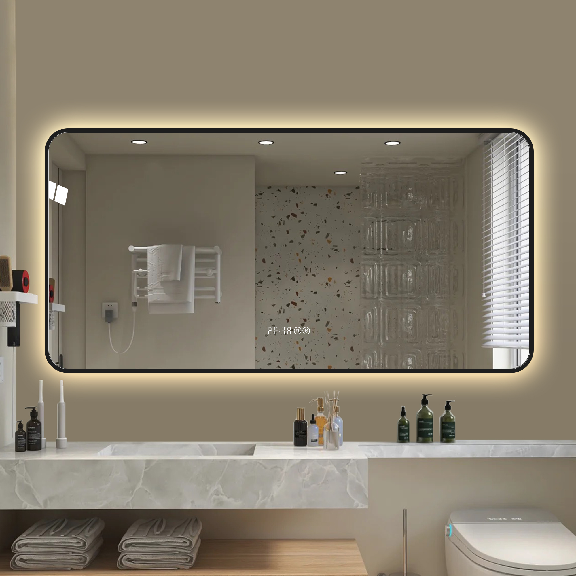 48*24 inch Black frame wall mirror with rounded corners vanity mirror, temperature display, tri color light, defogging, high-quality aluminum alloy frame, high-definition tempered glass