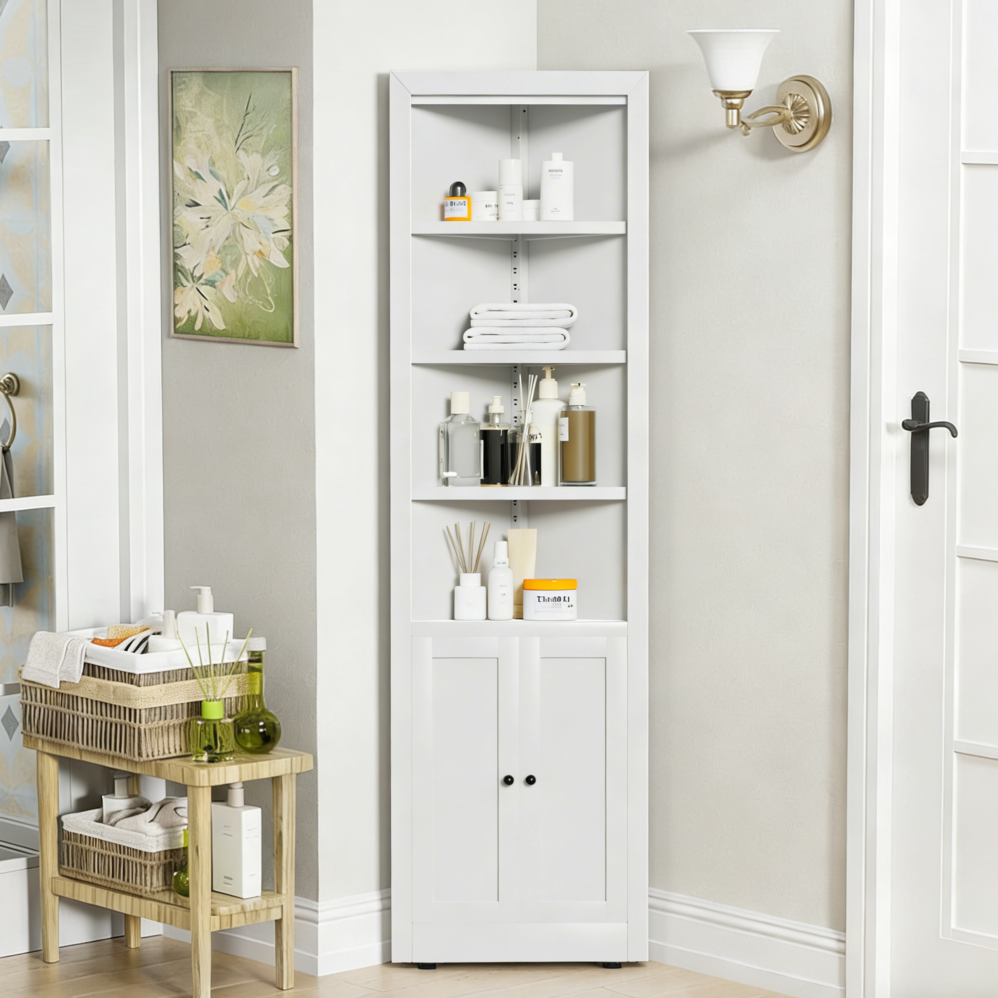71" Tall Corner Storage Cabinet with 2 Doors, 5-Tier Metal Cabinet with Adjustable Shelves, Freestanding Kitchen Storage for Pantry, Living Room, Bathroom, Laundry Room, Space Saving Furniture, White