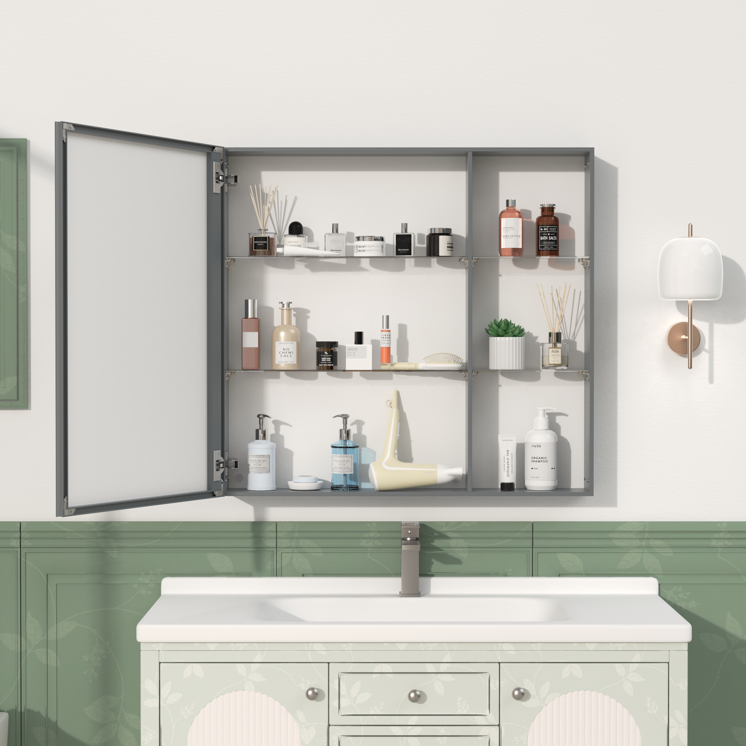 30'' x 28'' Medicine Cabinet with Mirror for Bathroom, Wall Mounted Bathroom Mirror with Storage, Adjustable Shelves, Aluminum Framework, Surface Mount Black Brown