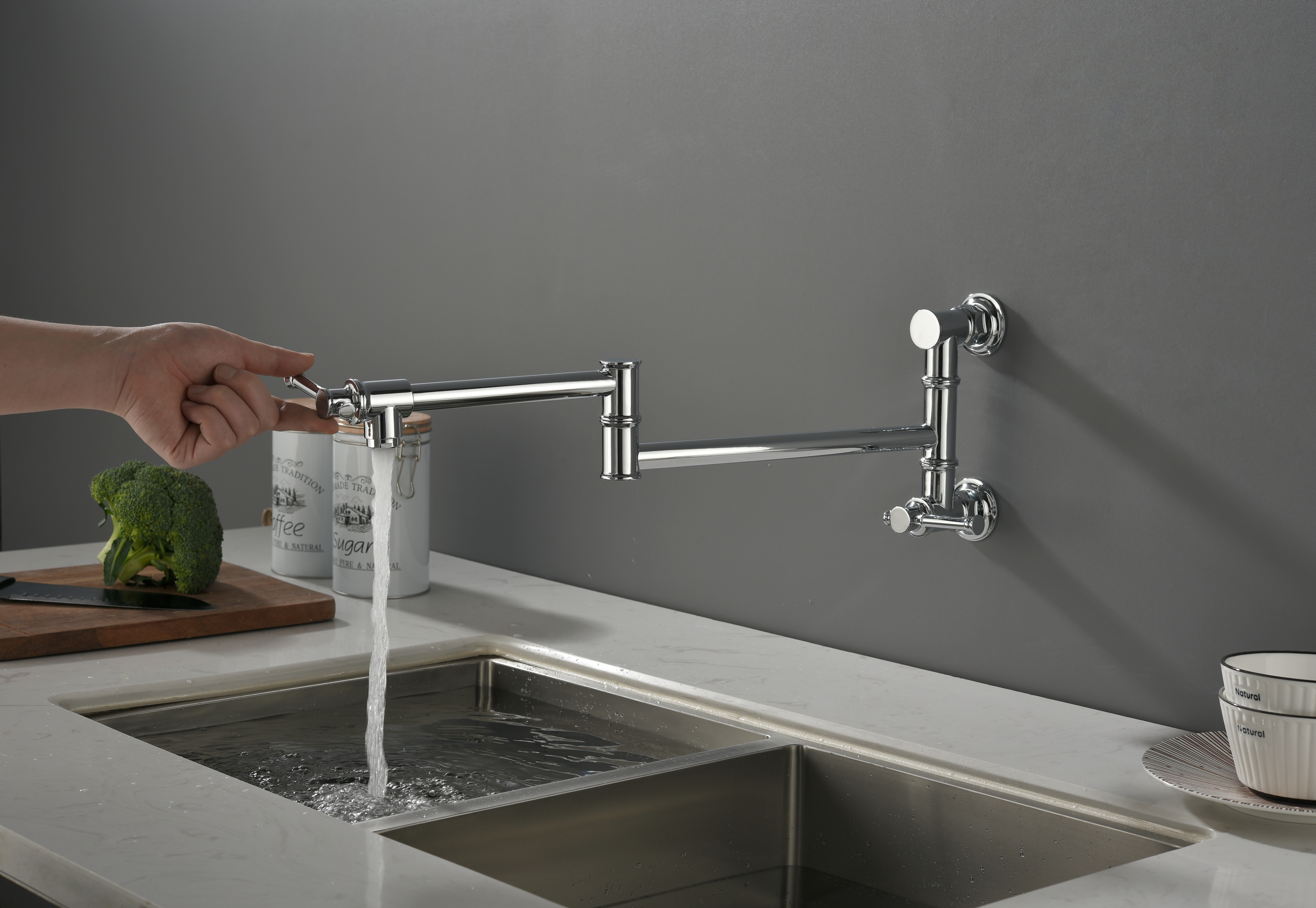 Wall mounted Pot Filler Faucet, Modern Brass Pot Filler Two-Attachment Wall Mount Folding Kitchen Pot Filler Swing Arm